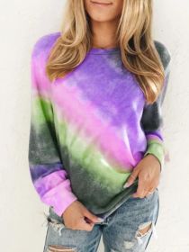 Fashion Tie Dye Rainbow Casual Long Sleeve T-shirt for Women (Option: Purple-XL)