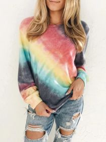 Fashion Tie Dye Rainbow Casual Long Sleeve T-shirt for Women (Option: Red-4XL)